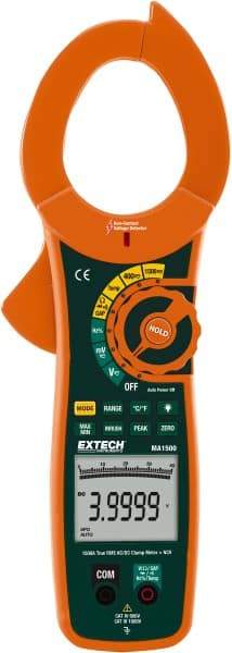 Extech - MA1500, CAT IV, Digital True RMS Auto Ranging Clamp Meter with 2" Clamp On Jaws - 750 VAC, 1000 VDC, 1500 AC/DC Amps, Measures Voltage, Capacitance, Current, Frequency, Resistance - Exact Tool & Supply
