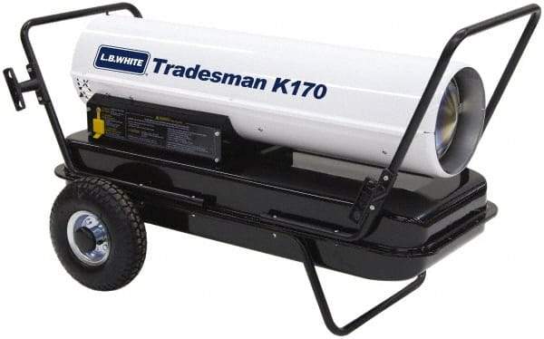 LB White - 175,000 BTU Rating, Multi-Fuel Forced Air Heater with Thermostat - 4,200 Sq Ft Max Heating Area, 13 Gal Capacity, Fuel with Kerosene, #1 Diesel & Jet A Fuel - Exact Tool & Supply
