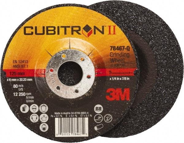 3M - 36 Grit, 5" Wheel Diam, 1/4" Wheel Thickness, 7/8" Arbor Hole, Type 27 Depressed Center Wheel - Coarse Grade, Ceramic, Resinoid Bond, Q Hardness, 12,250 Max RPM, Compatible with Angle Grinder - Exact Tool & Supply
