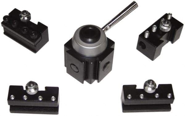 Phase II - Series Hobby Tool Post Holder & Set for 5 to 8" Lathe Swing - 5 Piece, Includes (2) Style 1 Turning Tool Holder, (1) Style 4 Boring Bar Holder, (1) Style 7 Cutoff Holder, (1) Tool Post - Exact Tool & Supply