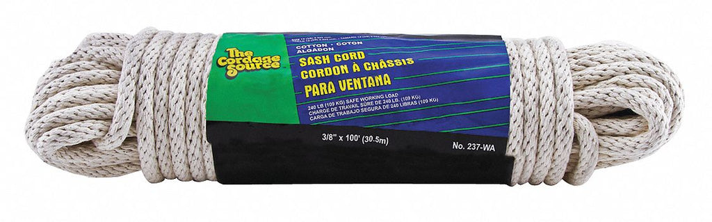 3/8" dia. Cotton All Purpose Sash Cord, White, 100 ft.