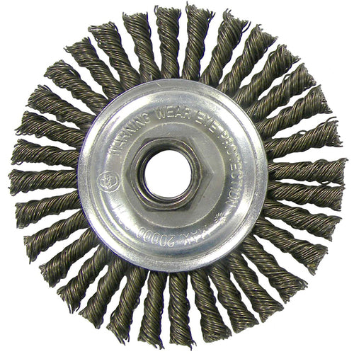 Vortec Pro 4″ Knot Wire Wheel, Standard Twist, .014″, 1/2″-3/8″ Arbor Hole, Retail Pack - Exact Tool & Supply