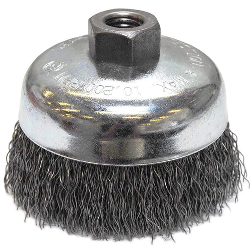 Vortec Pro 4″ Crimped Wire Cup Brush, .020″ Steel Fill, 5/8″-11 UNC Nut, Retail Pack - Exact Tool & Supply