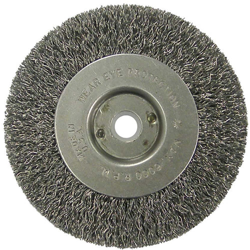 Vortec Pro 4″ Crimped Wire Wheel, .014″ Steel Fill, Narrow Face, 1/2″-3/8″ Arbor Hole, Retail Pack - Exact Tool & Supply