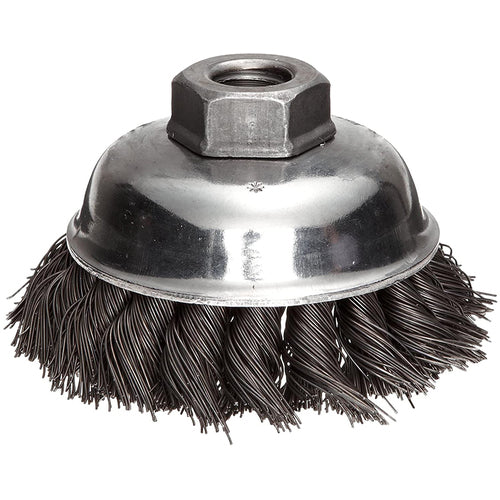 Vortec Pro 3-1/2″ Crimped Wire Cup Brush, .014″ Steel Fill, 5/8″-11 UNC Nut, Retail Pack - Exact Tool & Supply