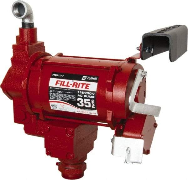 Tuthill - 35 GPM, 1" Hose Diam, Gasoline, Kerosene & Diesel Fuel AC High Flow Tank Pump with Auto Nozzle - Cast Iron Pump, 1-1/4" Inlet, 1" Outlet, 115/230 Volts, 3/4 hp - Exact Tool & Supply