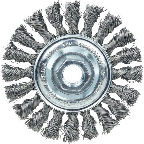 Vortec Pro 4″ Knot Wire Wheel, Standard Twist, .014″ , 5/8″-11 UNC Nut, Steel Wire - Exact Tool & Supply