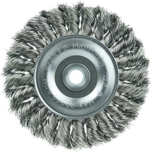 Vortec Pro 4″ Knot Wire Wheel, Standard Twist, .014″ Steel Fill, 1/2″-3/8″ Arbor Hole - Exact Tool & Supply