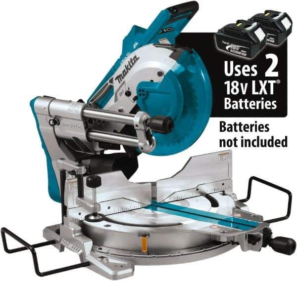 Makita - 36 Amp, 18 Volt, 4,400 RPM, 60° Double Bevel Sliding Miter Saw - 5/8" Arbor, 10" Blade Diam, Includes Vertical Vise, Triangular Rule, Dust Bag, Hex Wrench, 10" x 5/8" 40T Micro-Polished Miter Saw Blade & Wireless Unit - Exact Tool & Supply