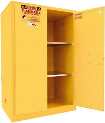 Securall Cabinets - 2 Door, 2 Shelf, Yellow Steel Standard Safety Cabinet for Flammable and Combustible Liquids - 65" High x 43" Wide x 31" Deep, Manual Closing Door, 3 Point Key Lock, 90 Gal Capacity - Exact Tool & Supply