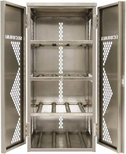 Securall Cabinets - 2 Door, 4 Shelf, Silver Aluminum Standard Safety Cabinet for Flammable and Combustible Liquids - 65" High x 30" Wide x 32" Deep, Manual Closing Door, Padlockable Hasp, 20 or 33 Lb Cylinder Capacity - Exact Tool & Supply