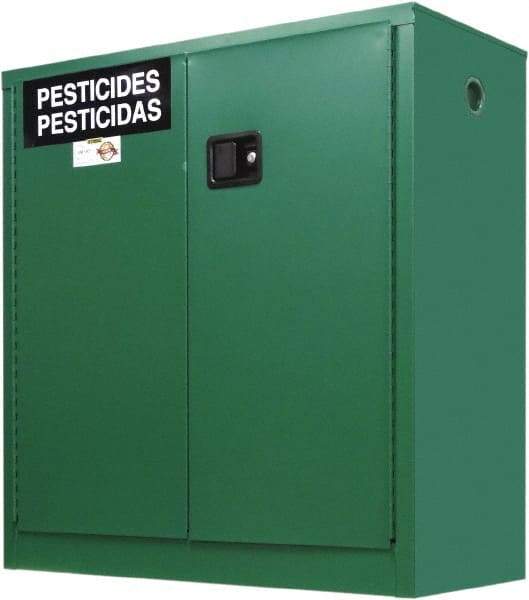 Securall Cabinets - 2 Door, 1 Shelf, Green Steel Standard Safety Cabinet for Flammable and Combustible Liquids - 44" High x 43" Wide x 18" Deep, Manual Closing Door, 3 Point Key Lock, 30 Gal Capacity - Exact Tool & Supply