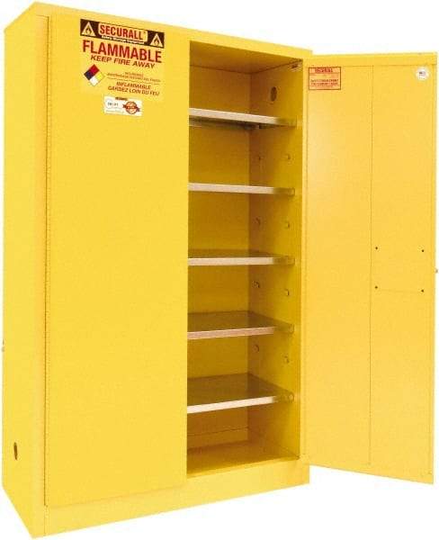 Securall Cabinets - 2 Door, 5 Shelf, Yellow Steel Standard Safety Cabinet for Flammable and Combustible Liquids - 65" High x 43" Wide x 18" Deep, Manual Closing Door, 3 Point Key Lock, 60 Gal Capacity - Exact Tool & Supply