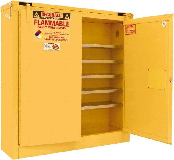 Securall Cabinets - 2 Door, 5 Shelf, Yellow Steel Wall Mount Safety Cabinet for Flammable and Combustible Liquids - 46" High x 43" Wide x 12" Deep, Self Closing Door, 3 Point Key Lock, 24 Gal Capacity - Exact Tool & Supply