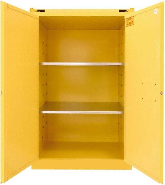 Securall Cabinets - 2 Door, 2 Shelf, Yellow Steel Standard Safety Cabinet for Flammable and Combustible Liquids - 67" High x 43" Wide x 31" Deep, Self Closing Door, 3 Point Key Lock, 90 Gal Capacity - Exact Tool & Supply