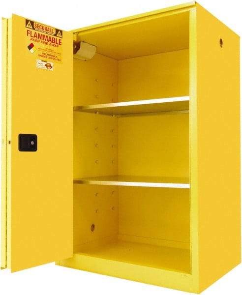 Securall Cabinets - 2 Door, 2 Shelf, Yellow Steel Standard Safety Cabinet for Flammable and Combustible Liquids - 65" High x 43" Wide x 31" Deep, Sliding Door, 3 Point Key Lock, 90 Gal Capacity - Exact Tool & Supply