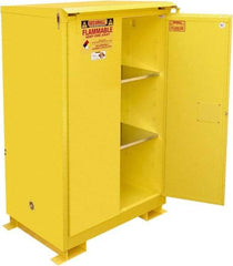 Securall Cabinets - 2 Door, 2 Shelf, Yellow Steel Standard Safety Cabinet for Flammable and Combustible Liquids - 71" High x 43" Wide x 31" Deep, Self Closing Door, 3 Point Key Lock, 90 Gal Capacity - Exact Tool & Supply