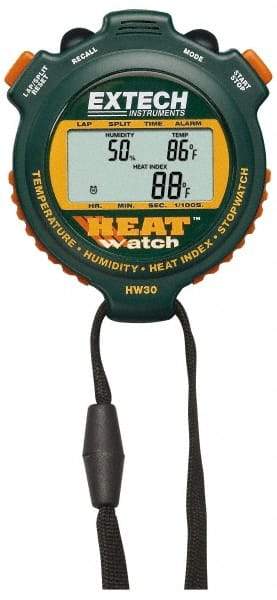 Extech - Digital Thermometer Stopwatch Clock - 8 Functions, 1/100 Sec Resolution, Green - Exact Tool & Supply
