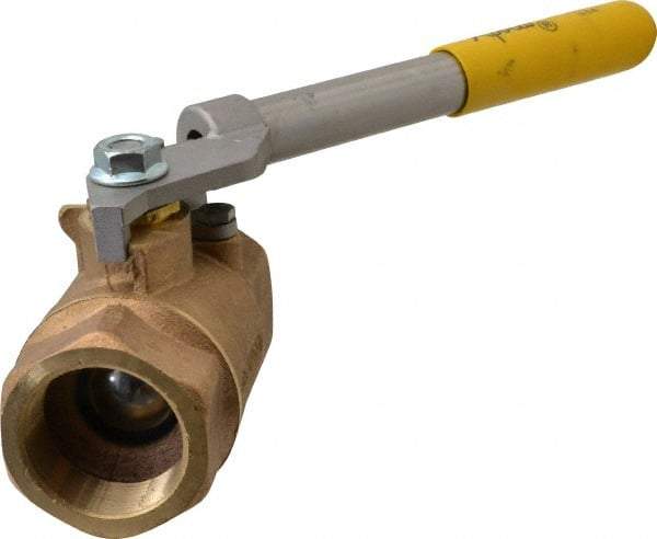 Apollo - 1-1/2" Pipe, Bronze Standard Ball Valve - 2 Piece, Inline - One Way Flow, FNPT x FNPT Ends, Deadman Lever (Spring Return to Close) Handle, 600 WOG, 150 WSP - Exact Tool & Supply