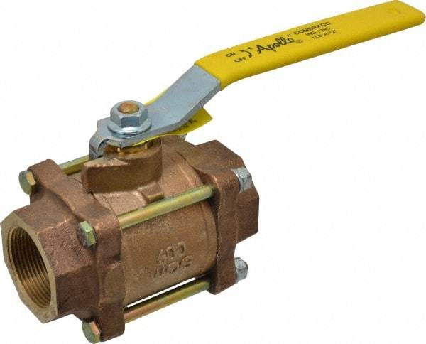 Apollo - 1-1/2" Pipe, Full Port, Bronze Standard Ball Valve - 3 Piece, Inline - One Way Flow, FNPT x FNPT Ends, Lever Handle, 600 WOG, 150 WSP - Exact Tool & Supply