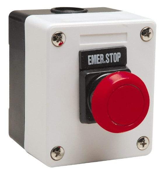 ACI - 1 Operator, Mushroom Head Control Station - Emergency Stop (Legend), Momentary Switch, NO/NC Contact - Exact Tool & Supply