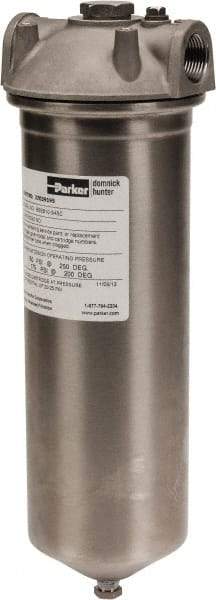Parker - 3/4 Inch Pipe, FNPT End Connections, 10 Inch Long Cartridge, 12-3/4 Inch Long, Cartridge Filter Housing with Pressure Relief - 1 Cartridge, 5 Max GPM Flow Rate, 150 psi Max Working Pressure, 316 Grade - Exact Tool & Supply