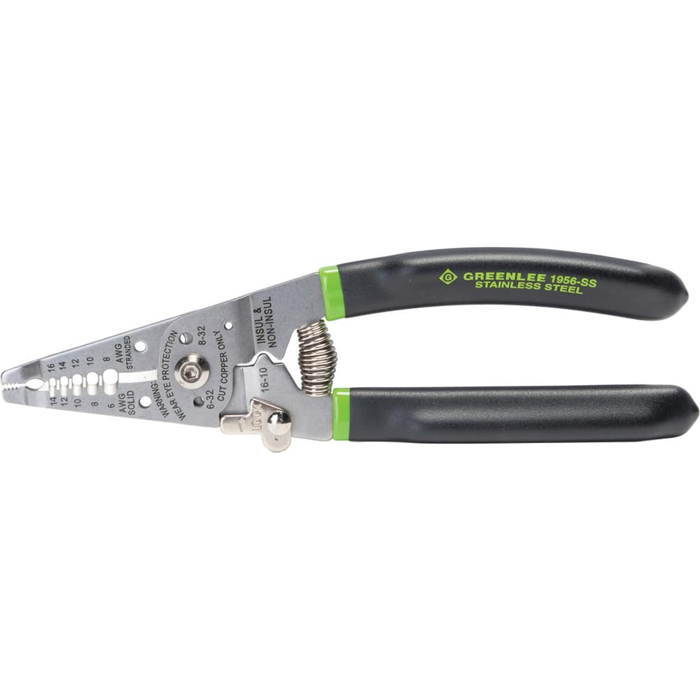 Greenlee - Wire & Cable Strippers; Type: Manual Fixed Hole Stripper/Cutter/Crimper w/ Spring and Lock ; Maximum Capacity: 14 AWG ; Minimum Wire Gage: 6 AWG ; Overall Length (Inch): 7-1/2 ; Wire Type: Solid & Stranded ; Handle Material: Stainless Steel w/ - Exact Tool & Supply