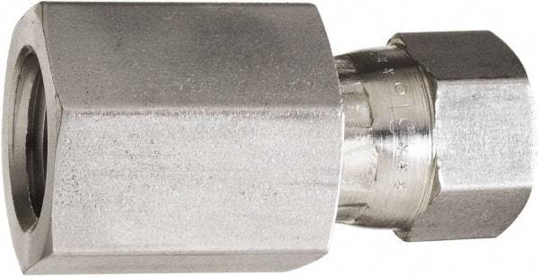 Made in USA - 1/4" Tube OD, 37° Stainless Steel Flared Tube Swivel Connector - 7/16-20 NPT, Female Flare x FNPT Ends - Exact Tool & Supply