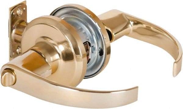 Stanley - Grade 2 Privacy Lever Lockset - 2-3/8 & 2-3/4" Back Set, Keyless Cylinder, Brass Alloy, Bright Brass Finish - Exact Tool & Supply