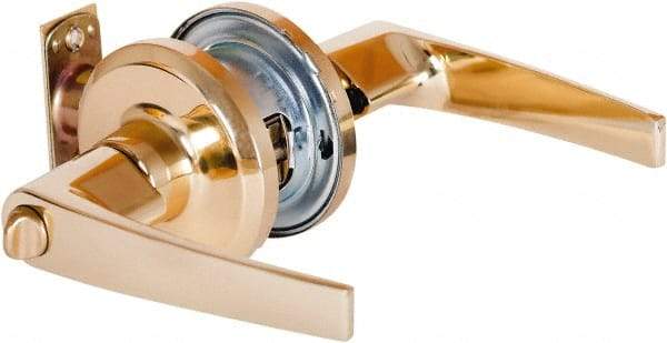 Stanley - Grade 2 Privacy Lever Lockset - 2-3/8 & 2-3/4" Back Set, Keyless Cylinder, Brass Alloy, Bright Brass Finish - Exact Tool & Supply