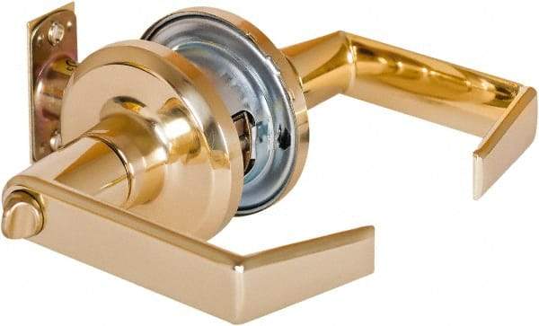 Stanley - Grade 2 Privacy Lever Lockset - 2-3/8 & 2-3/4" Back Set, Keyless Cylinder, Brass Alloy, Bright Brass Finish - Exact Tool & Supply