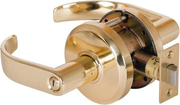 Stanley - Grade 2 Privacy Lever Lockset - 2-3/4" Back Set, Keyless Cylinder, Brass Alloy, Bright Brass Finish - Exact Tool & Supply