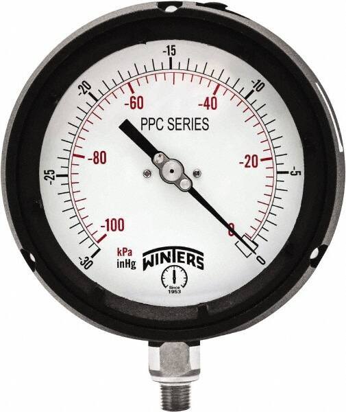 Winters - 4-1/2" Dial, 1/4 Thread, 30-0 Hg VAC Scale Range, Pressure Gauge - Bottom Connection Mount, Accurate to ±0.5% of Scale - Exact Tool & Supply