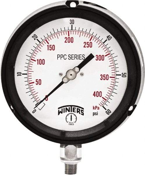 Winters - 4-1/2" Dial, 1/4 Thread, 0-60 Scale Range, Pressure Gauge - Bottom Connection Mount, Accurate to ±0.5% of Scale - Exact Tool & Supply