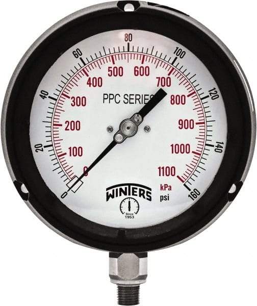 Winters - 4-1/2" Dial, 1/4 Thread, 0-160 Scale Range, Pressure Gauge - Bottom Connection Mount, Accurate to ±0.5% of Scale - Exact Tool & Supply