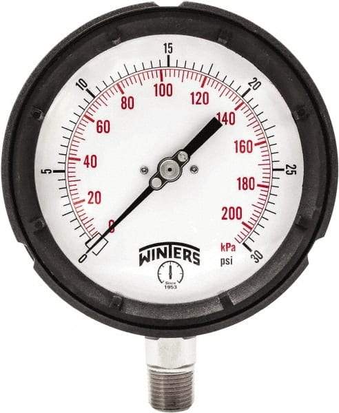 Winters - 4-1/2" Dial, 1/4 Thread, 0-30 Scale Range, Pressure Gauge - Bottom Connection Mount, Accurate to ±0.5% of Scale - Exact Tool & Supply
