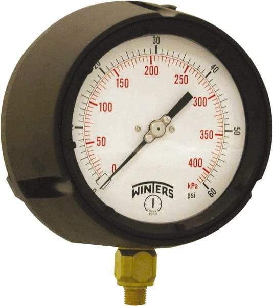 Winters - 4-1/2" Dial, 1/4 Thread, 0-60 Scale Range, Pressure Gauge - Bottom Connection Mount, Accurate to ±0.5% of Scale - Exact Tool & Supply