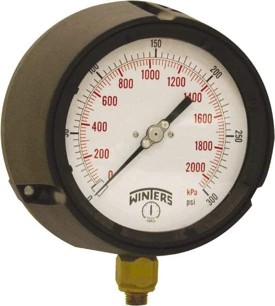Winters - 4-1/2" Dial, 1/4 Thread, 0-300 Scale Range, Pressure Gauge - Bottom Connection Mount, Accurate to ±0.5% of Scale - Exact Tool & Supply