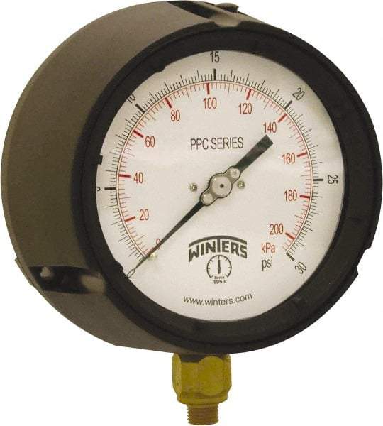 Winters - 4-1/2" Dial, 1/4 Thread, 0-30 Scale Range, Pressure Gauge - Bottom Connection Mount, Accurate to ±0.5% of Scale - Exact Tool & Supply