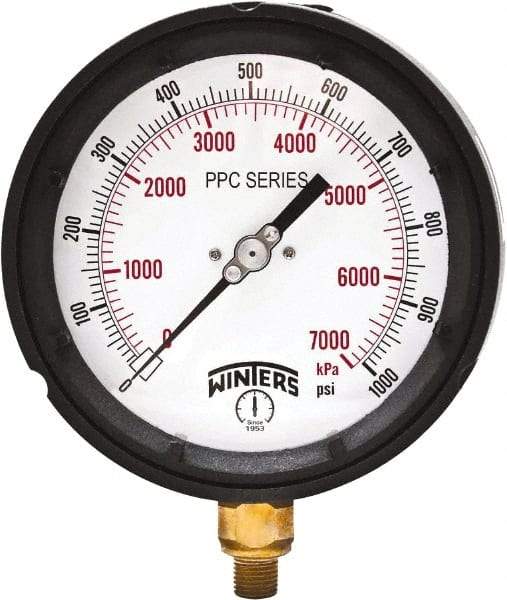 Winters - 4-1/2" Dial, 1/4 Thread, 0-1,000 Scale Range, Pressure Gauge - Bottom Connection Mount, Accurate to ±0.5% of Scale - Exact Tool & Supply