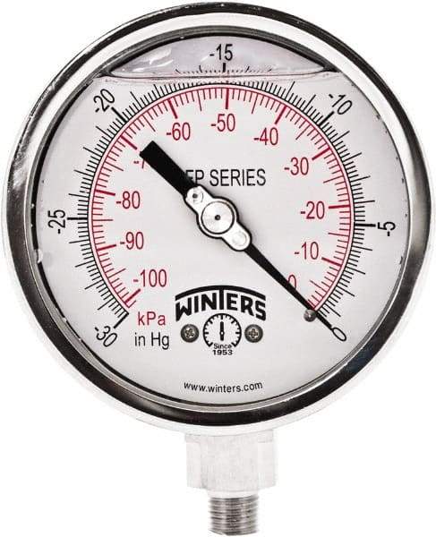 Winters - 4" Dial, 1/4 Thread, 30" HG Vac Scale Range, Pressure Gauge - Bottom Connection Mount, Accurate to 1% Full-Scale of Scale - Exact Tool & Supply