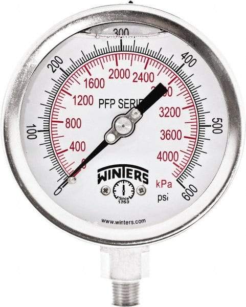 Winters - 4" Dial, 1/4 Thread, 0-600 Scale Range, Pressure Gauge - Bottom Connection Mount, Accurate to 1% Full-Scale of Scale - Exact Tool & Supply