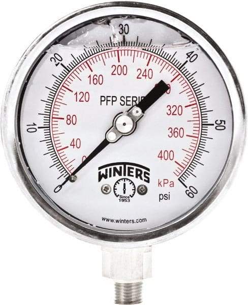 Winters - 4" Dial, 1/4 Thread, 0-60 Scale Range, Pressure Gauge - Bottom Connection Mount, Accurate to 1% Full-Scale of Scale - Exact Tool & Supply