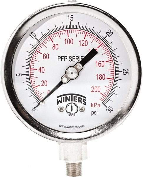 Winters - 4" Dial, 1/4 Thread, 0-30 Scale Range, Pressure Gauge - Bottom Connection Mount, Accurate to 1% Full-Scale of Scale - Exact Tool & Supply