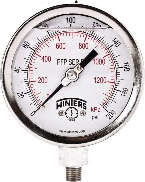 Winters - 4" Dial, 1/4 Thread, 0-200 Scale Range, Pressure Gauge - Bottom Connection Mount, Accurate to 1% Full-Scale of Scale - Exact Tool & Supply