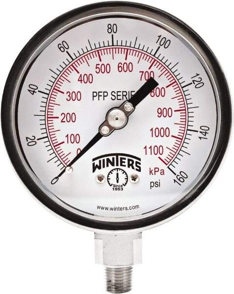 Winters - 4" Dial, 1/4 Thread, 0-160 Scale Range, Pressure Gauge - Bottom Connection Mount, Accurate to 0.01% of Scale - Exact Tool & Supply