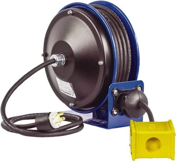 CoxReels - 12 AWG, 30' Cable Length, Cord & Cable Reel with Quad Outlet End - 4 Outlets, NEMA 5-20R, 20 Amps, 115 Volts, SJO Cable, Blue Reel, Spring Driven Reel - Exact Tool & Supply