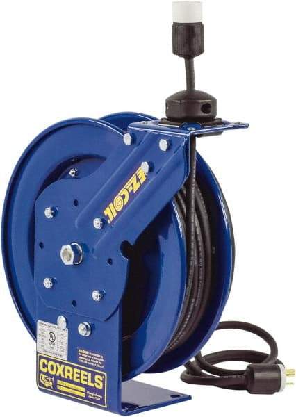 CoxReels - 12 AWG, 50' Cable Length, Cord & Cable Reel with Duplex GFCI Outlet Box End - 2 Outlets, NEMA 5-20R, 20 Amps, 115 Volts, SJO Cable, Blue Reel, Spring Driven Reel - Exact Tool & Supply