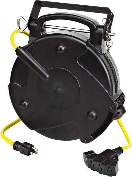 Value Collection - 12 AWG, 65' Cable Length, Cord & Cable Reel with Quad Tap Nema 5-15 End - 4 Outlets, NEMA 5-15R, 15 Amps, 120 Volts, SJTOW Cable, Black Reel, Spring Driven Reel - Exact Tool & Supply