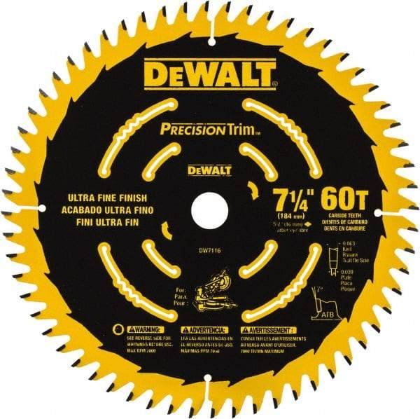DeWALT - 7-1/4" Diam, 5/8" Arbor Hole Diam, 60 Tooth Wet & Dry Cut Saw Blade - Tungsten Carbide-Tipped, Smooth Action, Standard Round Arbor - Exact Tool & Supply